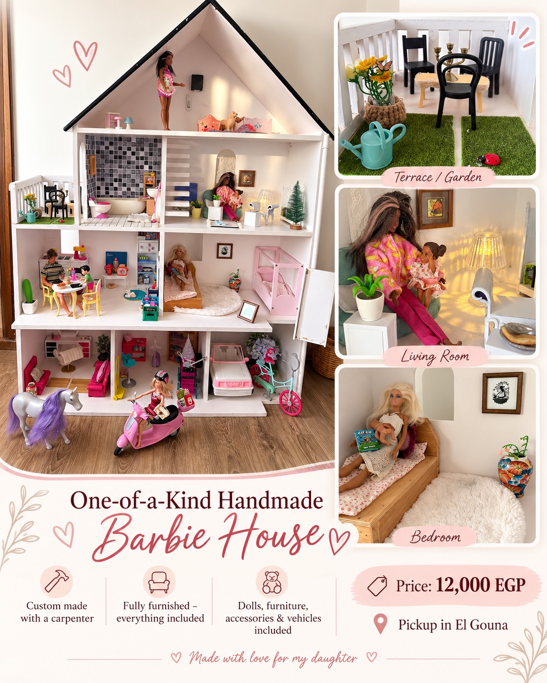 Handmade Wooden Barbie Dollhouse, Fully Furnished with Dolls and Vehicles
