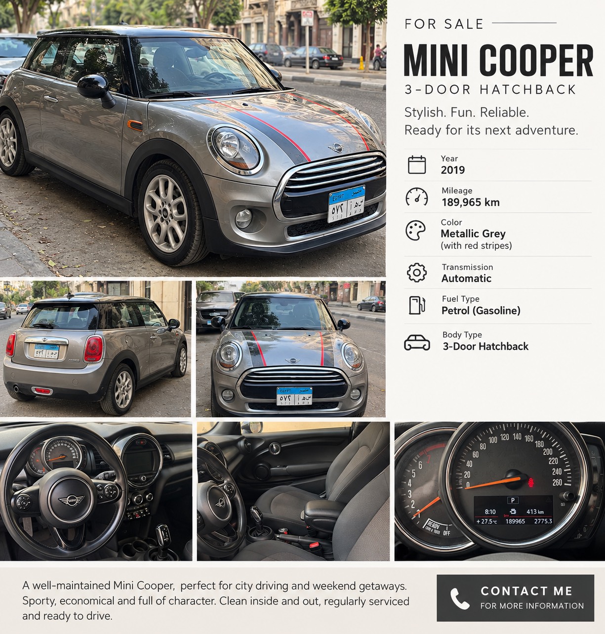 Mini Cooper 3-Door Hatchback, Automatic, Grey with Red Stripes